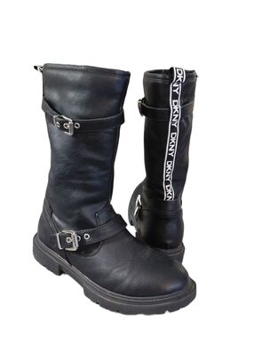 Vintage DKNY Black Leather Mid-Calf Moto Boots Size 5
